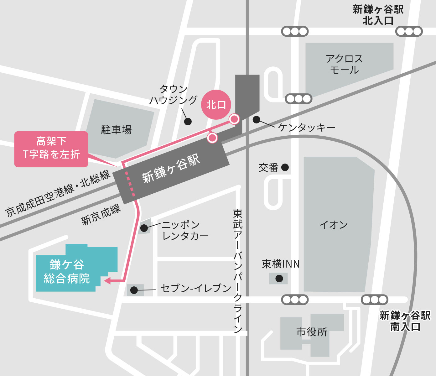 鎌ケ谷総合病院までのアクセス方法の地図