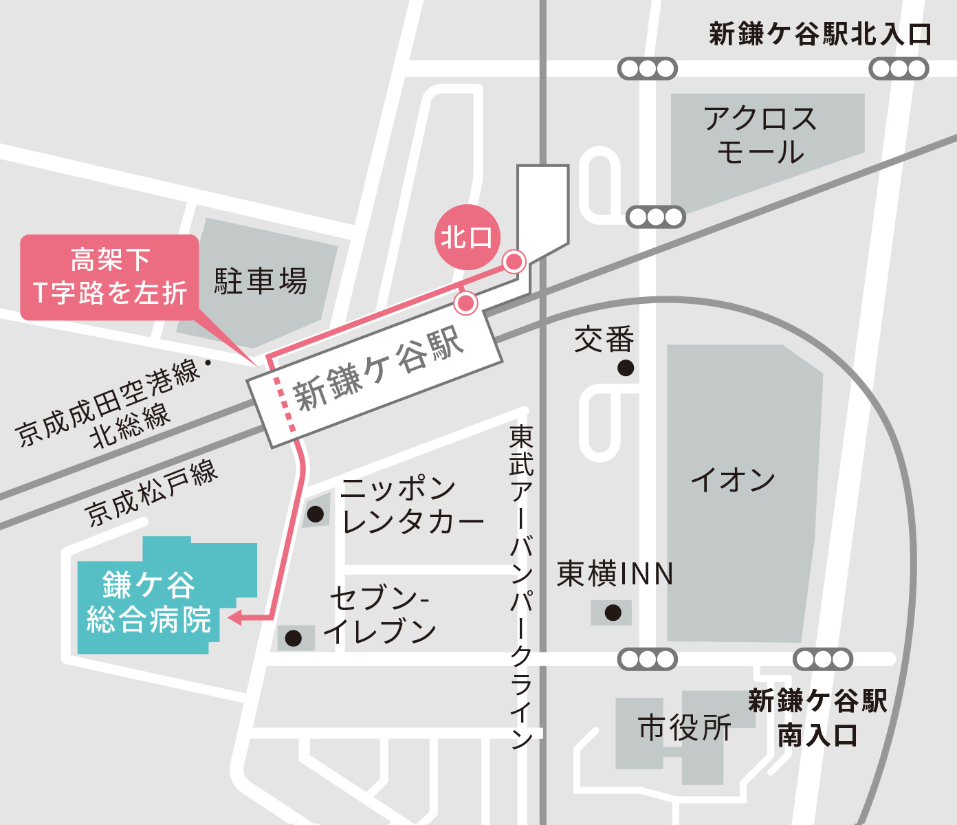 鎌ケ谷総合病院までのアクセス方法の地図